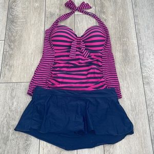 Raspberry pink and navy stripped tankini and swim skirt